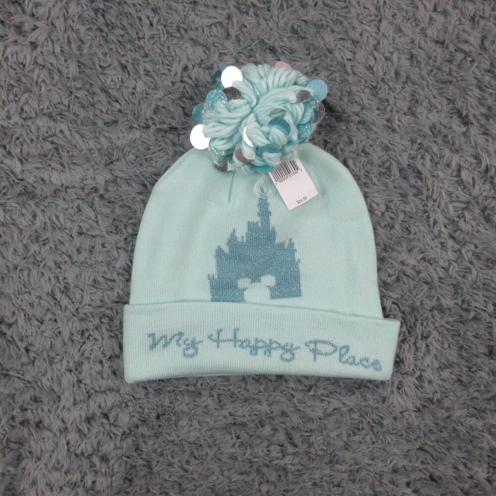 Disney Parks Hat Beanie Sequin Pom My Happy Place Castle Green Knit Mens NWT